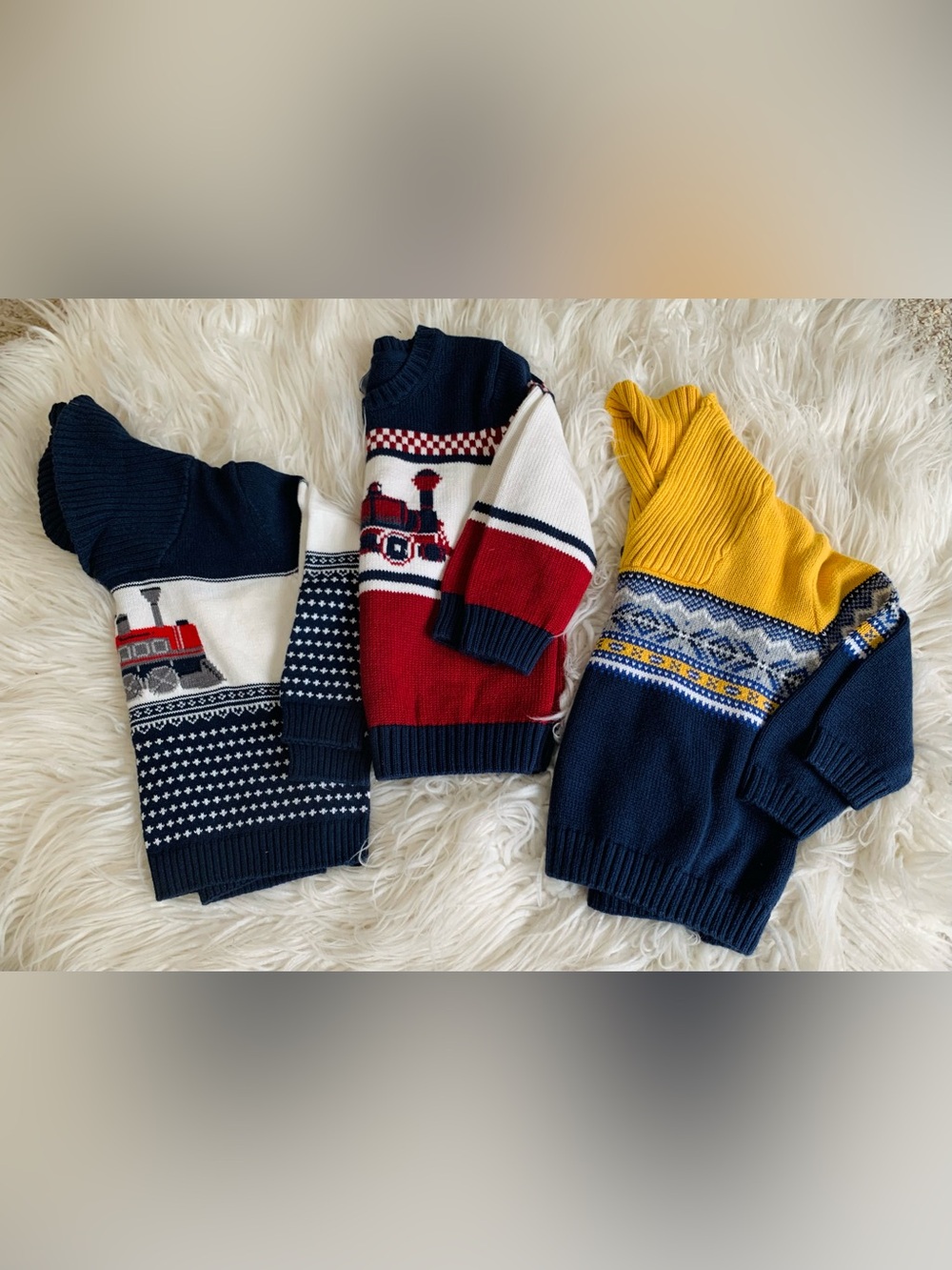 Janie and Jack Knit Train Fair Isle Sweater Bundle Blue Red Yellow Size 2T